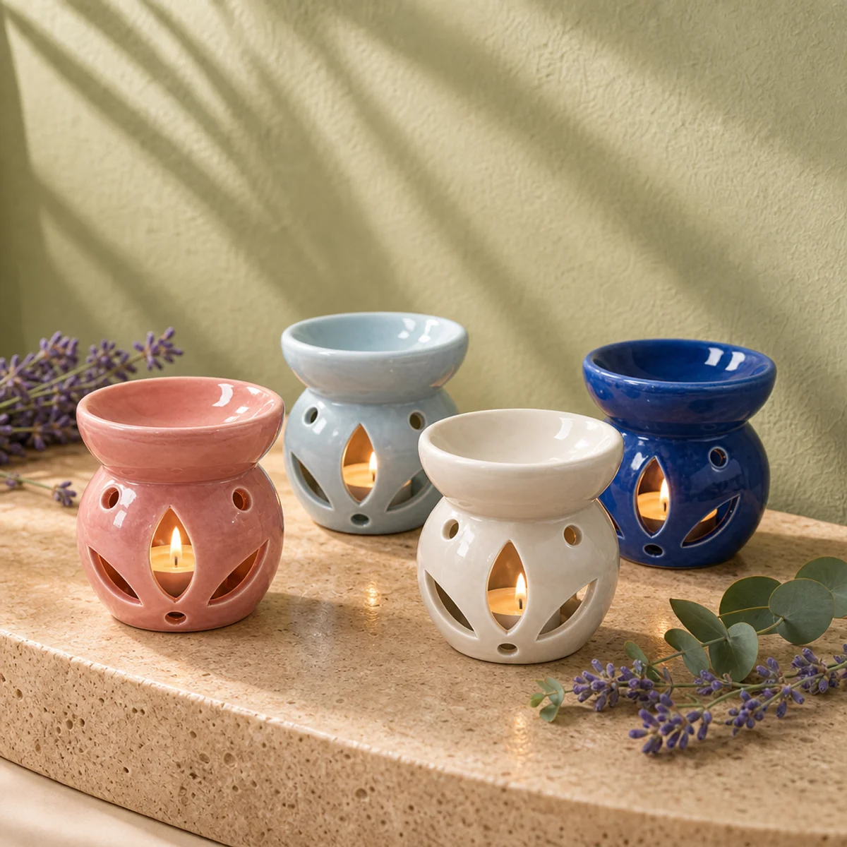 small-ceramic-oil-burner-lit מבערים קרמיים קטנים עם נרות טי לייט דולקים